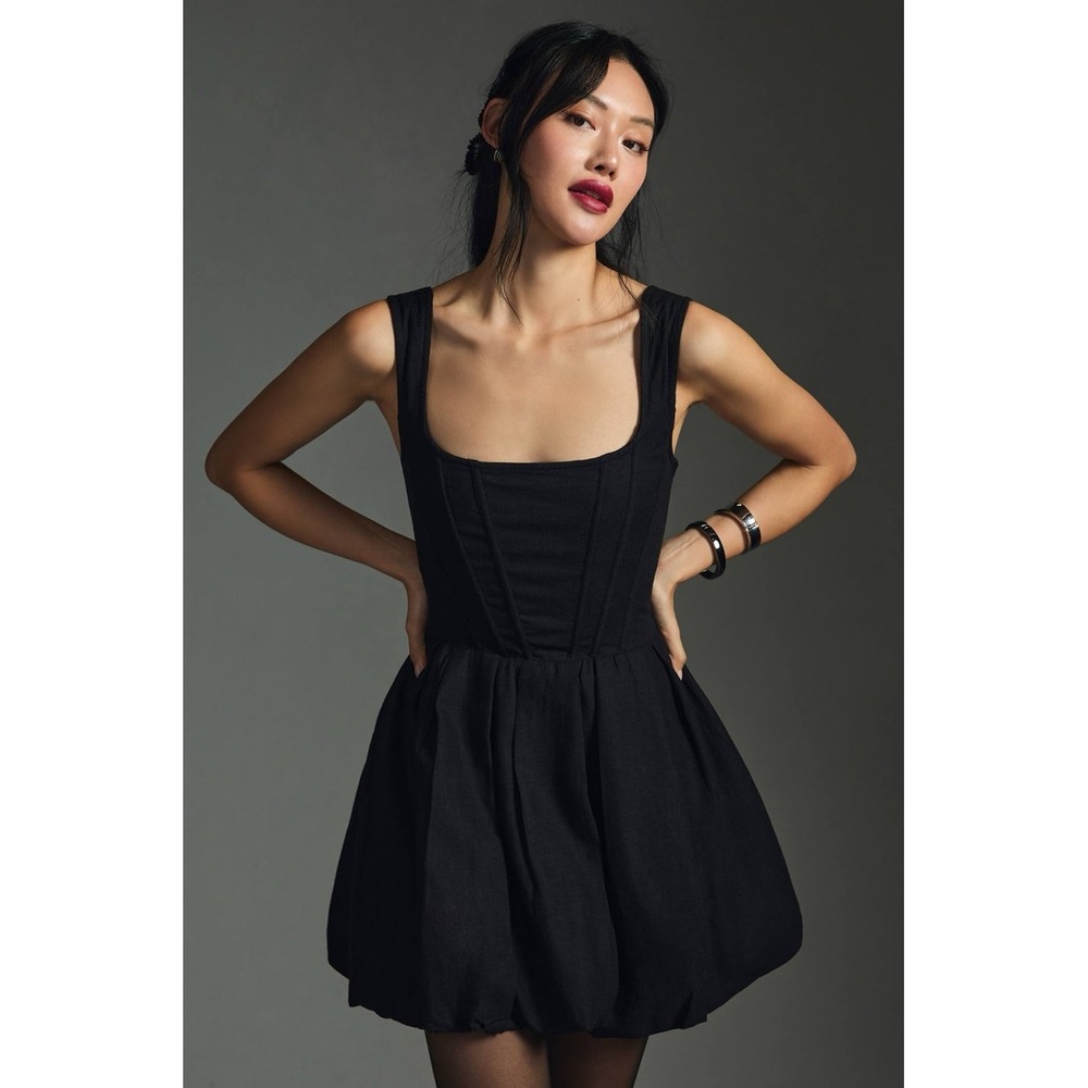Aureta x Anthropologie Black Linen Blend Corset Bubble Hem Mini Dress 4P Petite